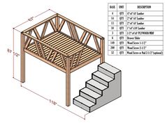 a wooden bed frame with stairs and measurements