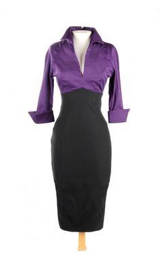 Pinup Couture- Lauren Dress in Purple and Black | Pinup Girl Clothing Purple Fitted Vintage Dress, Fitted Rockabilly Dress For Retro-themed Events, Black Fitted Pinup Dress, Fitted Black Vintage Rockabilly Dress, Vintage Versace Dress Purple 2003, Black Pinup, Interview Dress, Pinup Couture, Trend Clothes