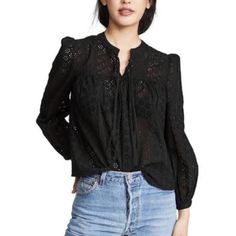 Madewell Black Eyelet Lace Long Sleeve Blouse Nwt New With Tag, Never Been Worn! Billowy Sleeves Double Ties At The Neck Peasant Style Look Unlined Size Extra Small Approximate Measurements (Laying Flat) Across Underarms 16.5” Length (Top Of Shoulder To Bottom Hem) 22” Feminine Black Tops For Fall, Black Tops For Fall Daywear, Black Tops For Daywear In Fall, Billowy Sleeves, Womens Dress Tops, Lace Blouse Long Sleeve, Front Tie Shirt, Peasant Style, Lace Long Sleeve