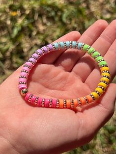 Handmade clay bead bracelet.  Length of bracelet can be adjusted upon request for proper fit.  I am a 9 year old aspiring business owner - please support my new business! Clay Bracelet Matching, Cute Aesthetic Clay Bead Bracelets, Rainbow Clay Bracelet, Moana Clay Bead Bracelet, Clay Beads Ideas Preppy, Cute Ideas For Bracelets, Clay Bead Bracelet Ideas Rainbow, Clay Bead Bracelet Ideas To Sell, Fancy Clay Bead Bracelets