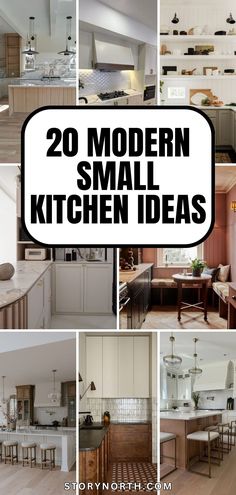 the kitchen is all white and has wooden floors, cabinets, and counter tops with text overlay that reads 20 modern small kitchen ideas