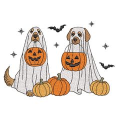 two dogs wearing ghost costumes with pumpkins