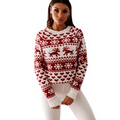 White Deer Print Knit Christmas Sweater Christmas Long Sleeve Knit Cardigan, Christmas Knit Long Sleeve Cardigan, Christmas Knit Cardigan With Long Sleeves, Christmas Crew Neck Knit Sweater, Christmas Knitted Long Sleeve Cardigan, Cozy Christmas Festive Sweater, Cozy Festive Christmas Sweater, Cozy Christmas Knit Sweater, Cozy Christmas Holiday Sweater