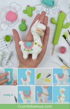 a hand holding a small llama made out of clay and paper machs, surrounded by other crafting supplies