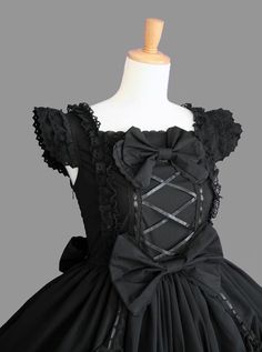 Cotton Black Lace Bowknot Gothic Lolita Sleeveless Dress Sleeveless Corset Dress For Halloween Cosplay, Gothic Black Sleeveless Corset Dress, Black Gothic Sleeveless Corset Dress, Black Sleeveless Gothic Corset Dress, Sleeveless Black Corset Dress For Halloween, Black Sleeveless Dress With Bow Straps, Black Ruffled Overbust Dress, Black Overbust Dress With Ruffles, Gothic Sleeveless Corset Dress With Ruffles