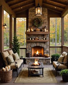 an outdoor living area with fireplace and seating