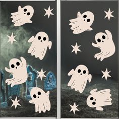 ghost stickers on the side of a window in front of a graveyard with stars