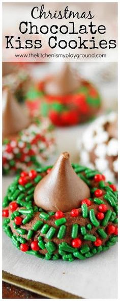 christmas chocolate kiss cookies are decorated with green and red sprinkles on top