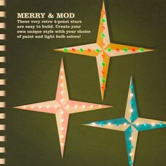 three colorful paper stars on a green background with the words merry and mod above them