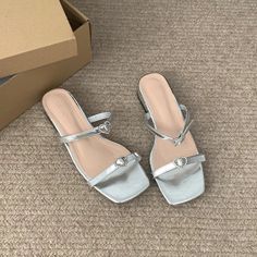 LBSFY - 2024 Summer Women Slippers Fashion Elegant Narrow Band Open Toe Slides Shoes Ladies Outdoor Dress Thick Heel Sandalias Silver Flat Sandals For Spring, Elegant Silver Flat Sandals, Outdoor Dress, Women Slippers Fashion, Women Slippers, Thick Heel, Central African, Fashion Elegant, Slides Shoes