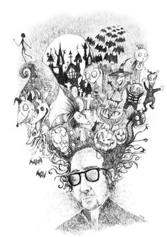 a drawing of a man's head with lots of halloween decorations on top of it