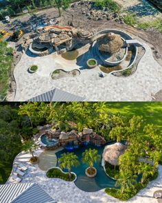 an aerial view of a large pool surrounded by palm trees and other tropical vegetation in the foreground