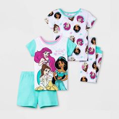 Dress Up Your Little Princess For Bedtime In Disney Style With The Pieces From This Four-Piece Disney Princess Pajama Set. This Toddler Girls' Pajama Set Includes Two Short-Sleeve Tees And One Pair Of Pj Pants With A Print Of Jasmine, Ariel And Belle To Add Disney Royalty To Her Bedtime Wear, Along With Solid Color Sleep Shorts For Versatile Styling. Made With 100percent Cotton, Each Piece In This Pajama Set Helps Keep Her Comfy From Night To Day. Size: 2t. Color: Green. Gender: Female. Age Grou Disney Character Print Playwear Sets, Disney Character Print Sleepover Set, Disney Character Print Sets For Sleepover, Disney Cartoon Print Sleepover Sets, Disney Cartoon Print Sets For Sleepover, Disney Character Print Pajama Party Sets, Disney Character Print Sets For Pajama Party, Disney Princess Pajamas, Disney Royalty