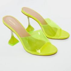 So Cute That Cake Stand Heel Is Really An Eye Catching Detail Minor Flaw On Edge Of Heel As Shown It’s Pretty Small. These Are Currently Sold Out Lime Green Heels For Spring Party, Lime Green Open Toe Party Heels, Lime Green Open Toe Heels For Party, Lime Green High Heels, Yellow Slides, Pretty Little Thing, An Eye, Cake Stand, Little Things