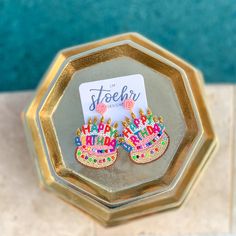 "Celebrate your birthday in STYLE! These earrings are embellished with beading to spell out \"Happy Birthday\". The back is completely felt covered, and they are on a post back. Measures: 3.25\"x 2.25\" [[ IMPORTANT INFORMATION - PLEASE READ ]] ** Due to the custom nature of this item, all sales are FINAL. If there is an error on our part, we're happy to replace at no charge to the buyer. ** LMStoehr Designs is not responsible for incorrect shipping information provided by the buyer. Please be s Huichol Earrings, Boho Orange, Felt Cover, Happy Birthday Cake, Happy Birthday Cakes, Seed Bead Earrings, Ear Hook, Bead Earrings, Orange Flowers