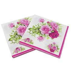 two napkins with pink roses on them