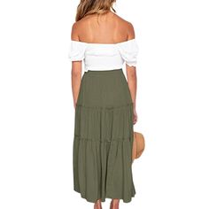 Army Green Drawstring High Waist A-line Skirt Summer A-line Ruffled Skirt, Summer Solid Color Gathered Maxi Skirt, Solid Color A-line Maxi Skirt For Summer, Casual A-line Beach Skirt, Casual A-line Maxi Skirt In Solid Color, Green A-line Maxi Skirt For Summer, Casual A-line Maxi Skirt Solid Color, Flowy Solid Color Tiered Skirt, Summer Solid Color Lined Maxi Skirt