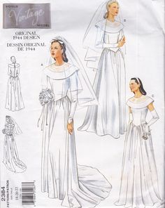 the bride's dress and veil is shown in this sewing pattern, which has been designed