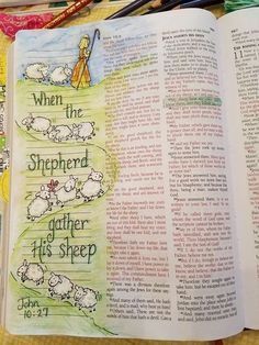 an open bible with the words when the shepherd got his sheep written on it and colored pencils next to it