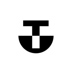 a black and white logo with the letter t