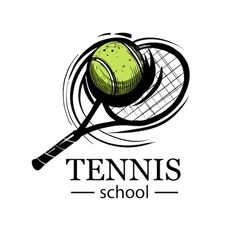 a tennis ball and racket with the word tennis school written on it's side