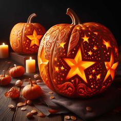 two carved pumpkins with stars on them