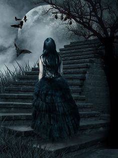 a woman sitting on some steps in front of a full moon with bats flying overhead