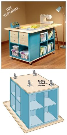 an image of a sewing table with shelves and drawers on it, next to another photo of a sewing machine