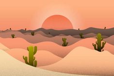 a desert scene with cactus trees and the sun in the distance, as well as mountains