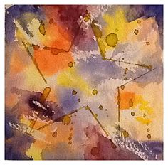 an abstract painting with yellow, purple and orange colors on it's surface is featured in this image