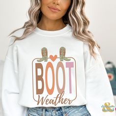 Get ready to be OBSESSED with your new Cowgirl Boot Weather Sweatshirt. It's the cutest and most trendy way to emit all those important Cowgirl and Western vibes! This is the perfect Cozy Weather Sweatshirt! Great as a gift for all the boot loving girls out there! A unisex heavy blend crewneck sweatshirt that is pure comfort. These garments are made from polyester and cotton. This combination helps designs come out looking fresh and beautiful. The collar is ribbed knit, so it retains its shape even after washing. There are no itchy side seams on these sweaters.  ❤ Made with a medium-heavy fabric blend of 50% cotton and 50% polyester (8.0       oz/yd²) (271.25 g/m this sweatshirt feels cozy and is the perfect choice for       those colder months. ❤ The classic fit along with the crew neckli Cozy Weather, Sweatshirt Western, Western Sweatshirts, Western Vibes, Cowgirl Boot, Cozy Season, Sweatshirt Cute, Cozy Sweater, Western Shirt