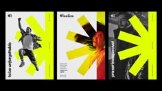 two posters with yellow and black designs on the same page, one has an image of a woman jumping in the air