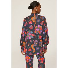 Black floral crepe (100% Viscose). Top. Long sleeves. Mock neck. Back button closure. 30" from shoulder to hemline. Imported. Multicolor Floral Print Viscose Blouse, Multicolor Floral Print Blouse For Work, Multicolor Floral Print Blouse For Workwear, Multicolor Floral Print Tops For Work, Fall Floral Print Viscose Blouse, Floral Print Viscose Blouse For Fall, Floral Print Viscose Blouse For Workwear, Oversize Sleeves, Rent The Runway