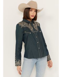 Polyester/Rayon blend. Long sleeves. Collared neck. Straight front and back yokes. Pearl snap button placket. Modern Cowgirl, Western Dress, Dress Shirts For Women, Western Shirt, Shirts For Women, Western Shirts, Boots For Sale, Christmas Wishlist, Dress Shirts