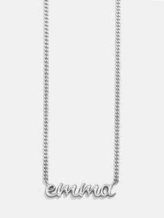 A modern take on the classic nameplate necklace is the Sterling Silver Curb Chain Custom Nameplate Necklace. This includes a lowercase script bubble font with our Michel box chain. Choose from 18K gold plated sterling silver or sterling silver and design a piece that'll last for years to come. Please note, we're unable to produce products with profanity. Bubble Font, Nameplate Necklace Silver, Last Day To Order, Control Key, Early Black Friday, Nameplate Necklace, Ball Necklace, Tennis Necklace, Custom Gifts