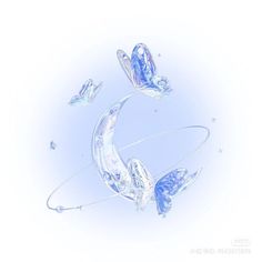 an artistic image of butterflies flying around the moon in blue and white color palettes