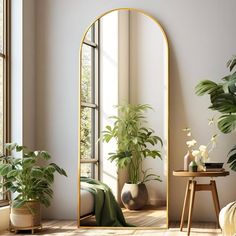 an arch shaped mirror in the corner of a room with potted plants next to it