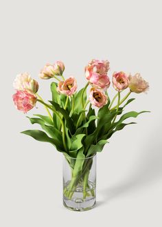 Faux Tulip Arrangement in Mauve Pink Pink Tulips Arrangement, Double Tulips, Tulip Arrangement, Wooden Garden Bed, Tulips Arrangement, Glass Cylinder Vases, Artificial Flowers Wedding, Glass Cylinder, Cylinder Vase