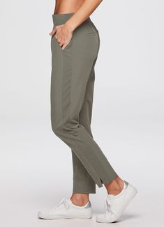 Perfect for everyday wear, traveling, workouts and more, you'll love the Everyday Ribbed Ankle Pant. These versatile ankle length pants are constructed from our breathable, quick drying stretch woven fabric and have a ribbed waistband and side leg detailing. The flat elastic waistband provides both a secure and flattering fit, and sizable side pockets conveniently hold your cell phone and other necessities. Complete with slits at the ankles, faux back pockets and front fly detail, these fashiona Sporty Ankle-length Pants With 4-way Stretch, Stretch Joggers With Elastic Side Panels, Ankle-length, Stretch Ankle-length Joggers With Elastic Side Panels, Athleisure Stretch Pants With Tapered Leg, Stretch Athleisure Pants With Tapered Leg, Athleisure Stretch Tapered Leg Pants, Ankle-length Joggers With Ribbed Waistband, Casual Workout Pants With Minimal Stretch, Casual Ankle-length Pants With Minimal Stretch