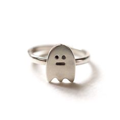 Yay! At last the little Ghost is available as a ring :) Handmade in recycled Sterling silver the Ghost is set with brilliant cut black diamond eyes. He looks fab worn on his own or stacked up with his besties! The ghost measures 12mm tall and sits in a solid sterling silver D band. The ring is made to order in the size that you require - just add a note in checkout of the size that you require or message me - i am here to help if you are not sure :) The ghost ring will arrive in a RockCakes box Cute Handmade Sterling Silver Rings, Handmade Cute Sterling Silver Rings, Fun Handmade Rings For Gifts, Handmade Fun Rings As Gifts, Fun Handmade Rings As Gifts, Gucci Ring Ghost, Spooky Rings, Ghost Jewelry Aesthetic, Ghost Necklace Band