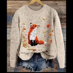 Adorable Fox Print Long Sleeve Pullover Sweater Casual Crew Neck Soft Polyester Knit Slight Stretch - All Over Print Super Cute! Embroidery On Knitted Items, Embroidery Ideas Clothes, Long Sweater Jacket, Leaves Embroidery, Fox Sweater, Mode Tips, Cozy Knit Sweater, Fox Print, Falling Leaves