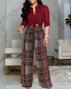 Lasaky - Long Sleeve Button Down Shirt and Plaid Pants Set Printed Pants Style, Burgundy Fashion, Women's Button Down Shirt, Two Piece Pants Set, Half Sleeve Tops, Jumpsuit With Sleeves, Turndown Collar, Plaid Pants, Women Pants Casual