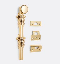 an assortment of brass hardware and door knobs on a white background with space for text