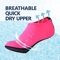 a pink shoe with the words breathable quick dry upper above it and below it