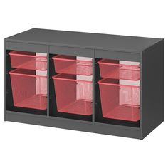 the four bins are on top of each other in this black cabinet with red mesh baskets