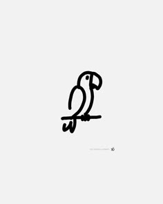 a black and white drawing of a bird on a branch with the letter o in it's beak