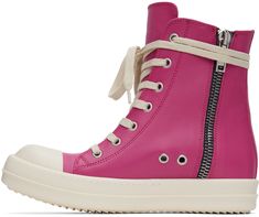 High-top buffed calfskin sneakers in pink. · Round calfskin cap toe · Lace-up closure · Zip closure at inner side · Treaded rubber sole Supplier color: Hot pink/Milk/Milk Pink Leather High-top Sneakers With Vulcanized Sole, Pink Leather High-top Sneakers With Rubber Sole, Pink Leather High-top Sneakers With Round Toe, Pink Leather High-top Sneakers With Contrast Sole, Pink High-top Sneakers With Rubber Toe Cap, Pink Lace-up Sneakers With Leather Sole, Pink High-top Sneakers With Rubber Toe Cap For Streetwear, Pink Milk, Pink Round