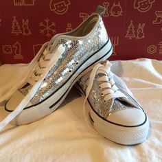 Silver Sequined Sneakers Made By Twisted. These Look Just Like Converse Sneakers. Dazzle Everyone This Holiday Season! Never Worn. Clean Stickers On Bottom Of Shoes, As Seen In Photo. Converse Sneakers, Silver Shoes, Wedding Sneaker, Womens Shoes Sneakers, Wedding Shoe, Shoes Sneakers, Converse, Twist, Women Shoes