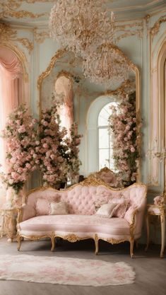 an ornate living room with pink furniture and flowers