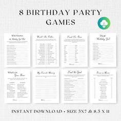 the 8 birthday party games are shown in black and white